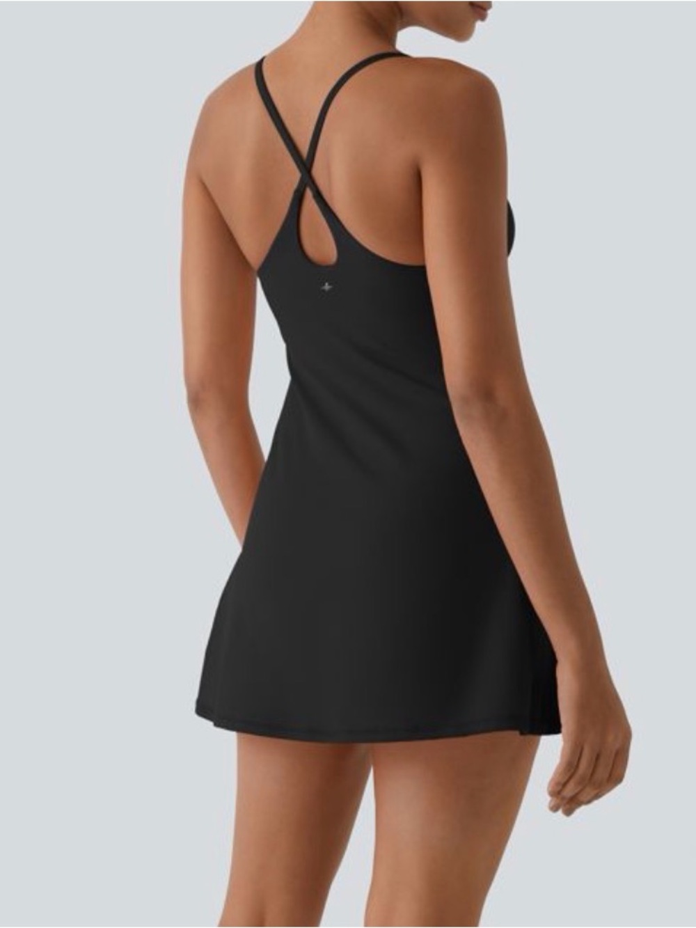 Women's Black Mini Dress with Cross-Back Straps and Built-In Shorts